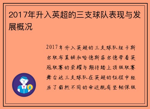 2017年升入英超的三支球队表现与发展概况
