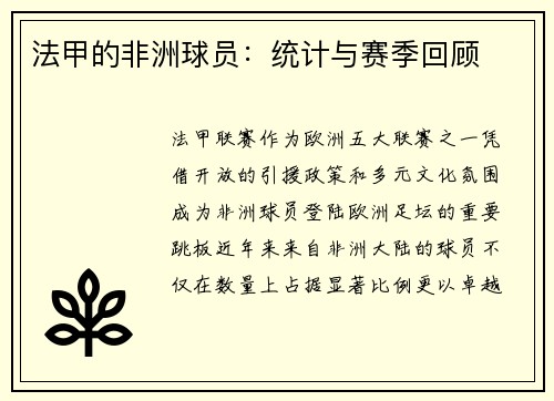 法甲的非洲球员：统计与赛季回顾