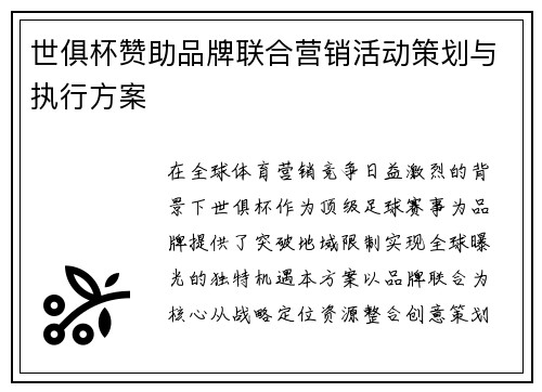 世俱杯赞助品牌联合营销活动策划与执行方案