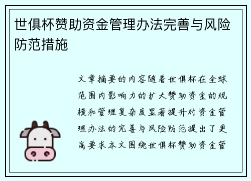 世俱杯赞助资金管理办法完善与风险防范措施