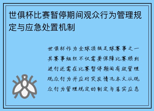 世俱杯比赛暂停期间观众行为管理规定与应急处置机制
